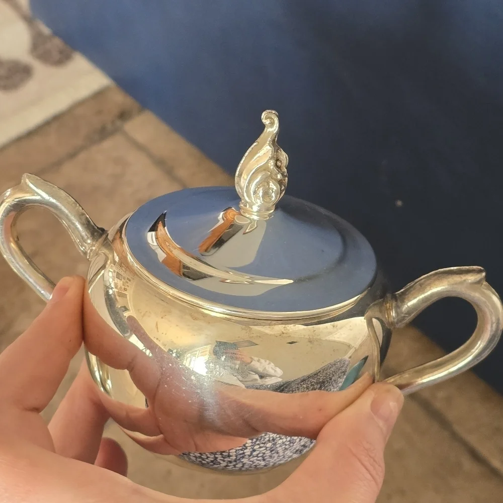 Silver Plated Sugar, Creamer and Covered Dish Set - Silver